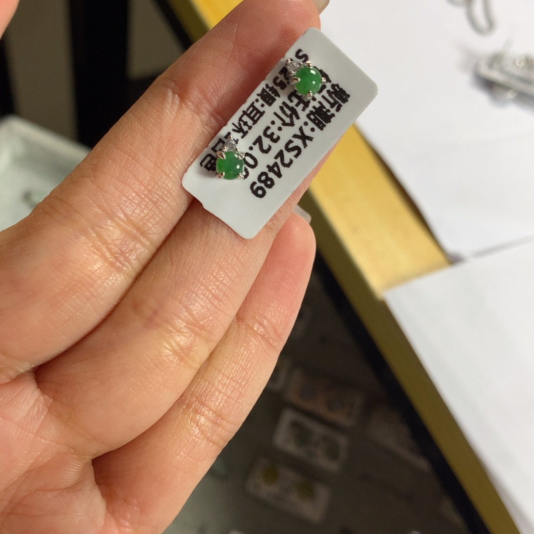 翡翠银S925镶嵌戒指耳钉