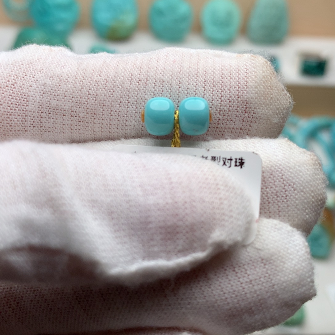 绿松石未镶嵌珠宝奇石高瓷蓝绿老型对珠6.2mm