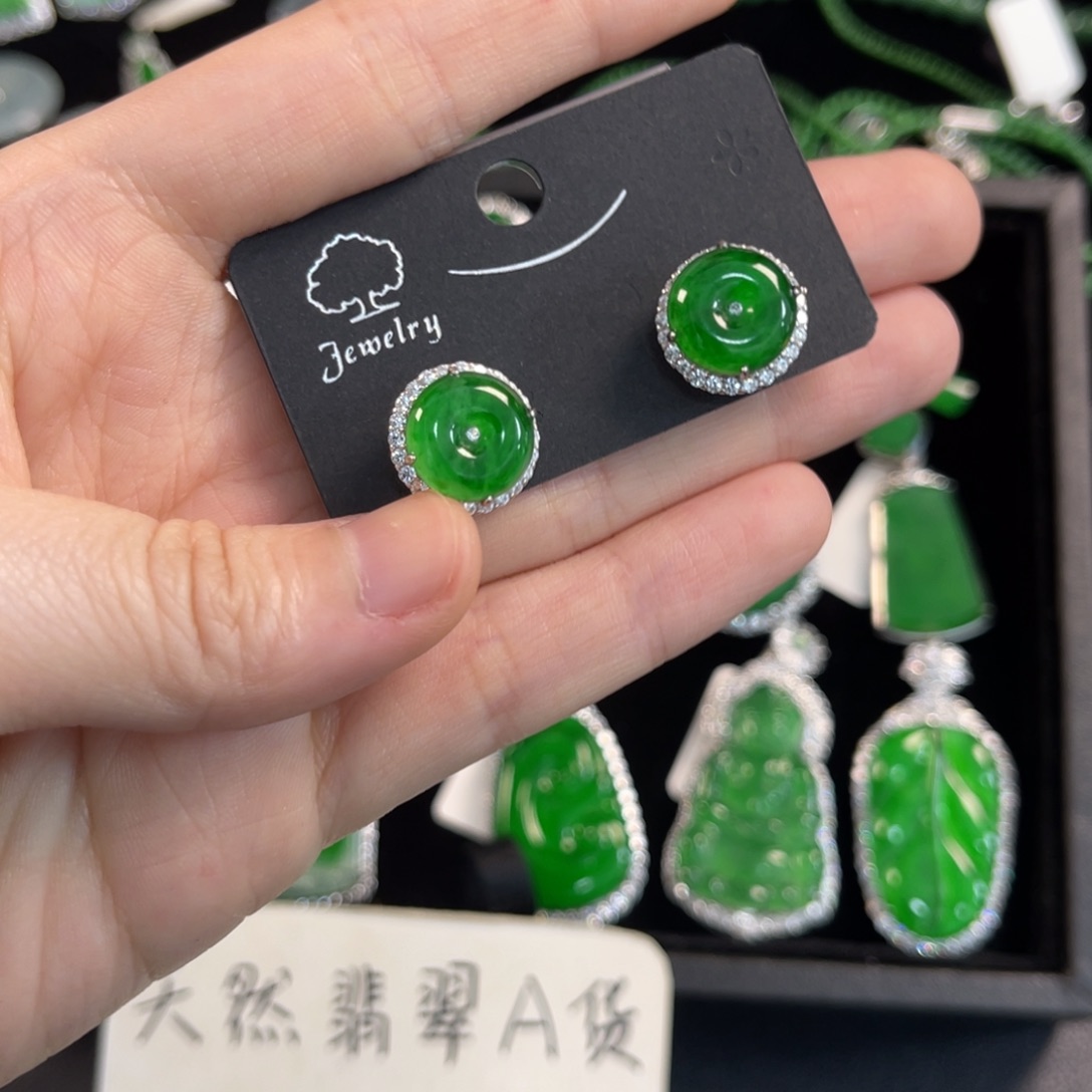 翡翠银S925镶嵌戒指翡翠耳钉