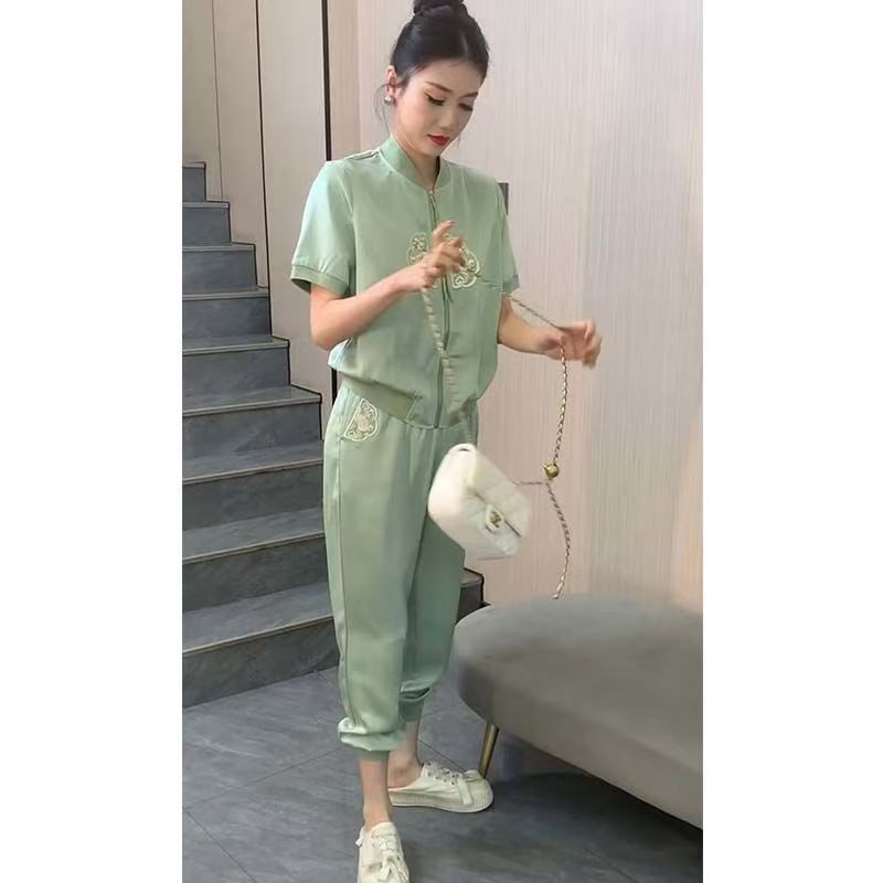国风绣花休闲运动套装女2025夏新款时尚洋气减龄哈伦裤冰丝两件套