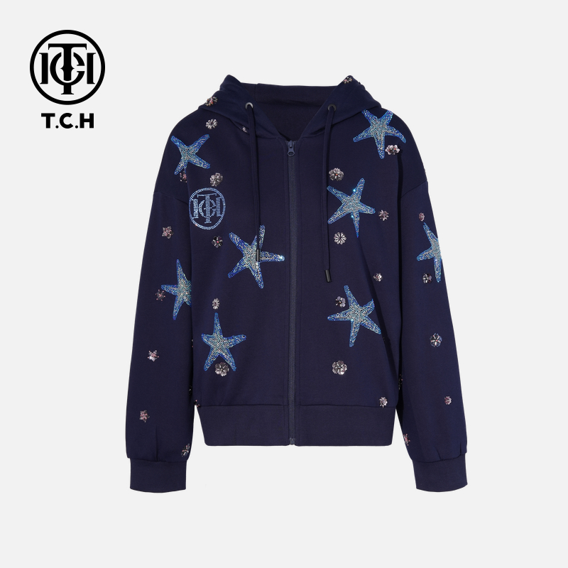 TCH-时尚潮牌星星烫钻手缝钻蓝色外套T75C17E1023