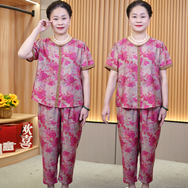 大码洋气妈妈装套装女透气T恤2025夏季中老年花色国风两件套宽松