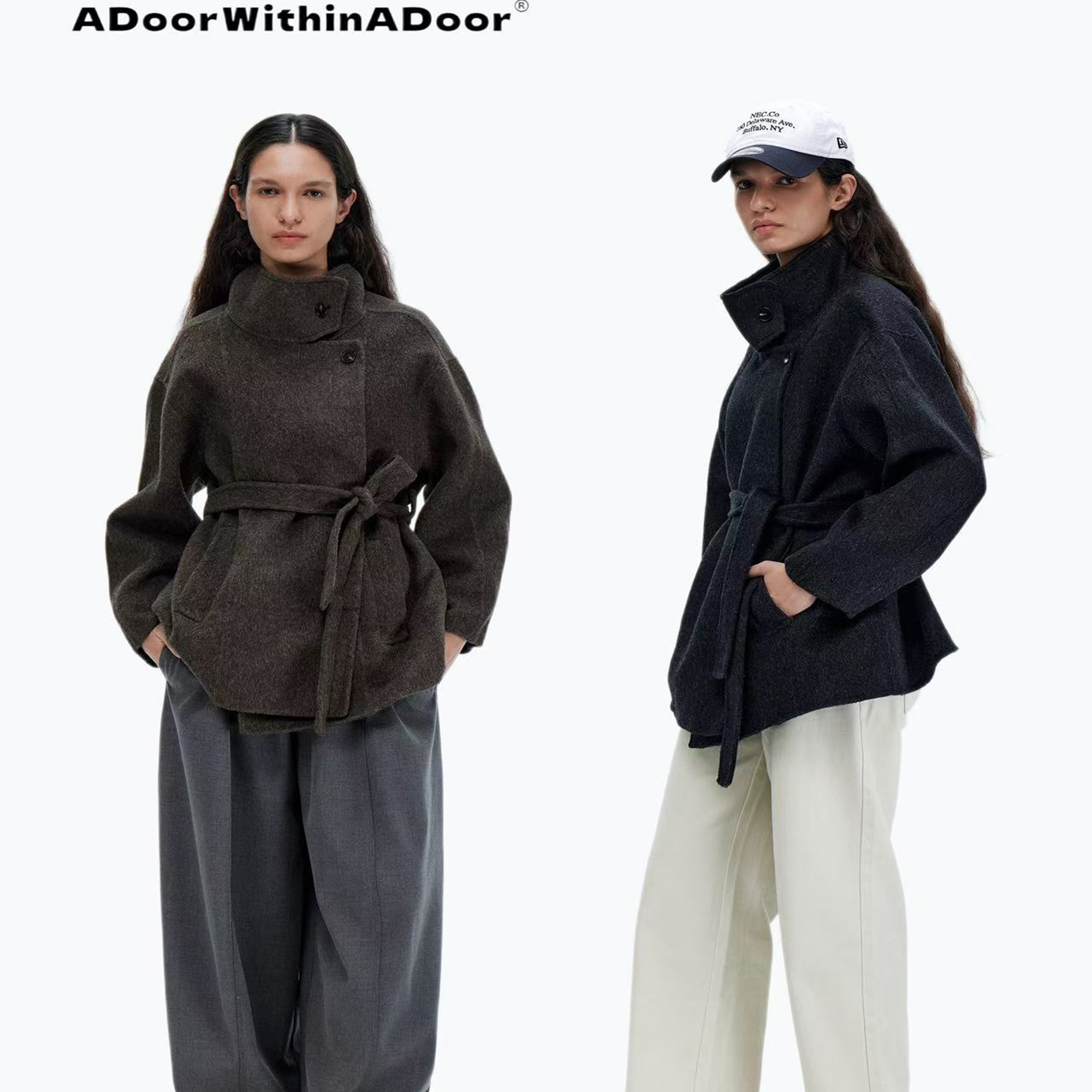 adoorwithinadoor羊毛经典宽松廓形短大衣外套落肩可立领呢大衣