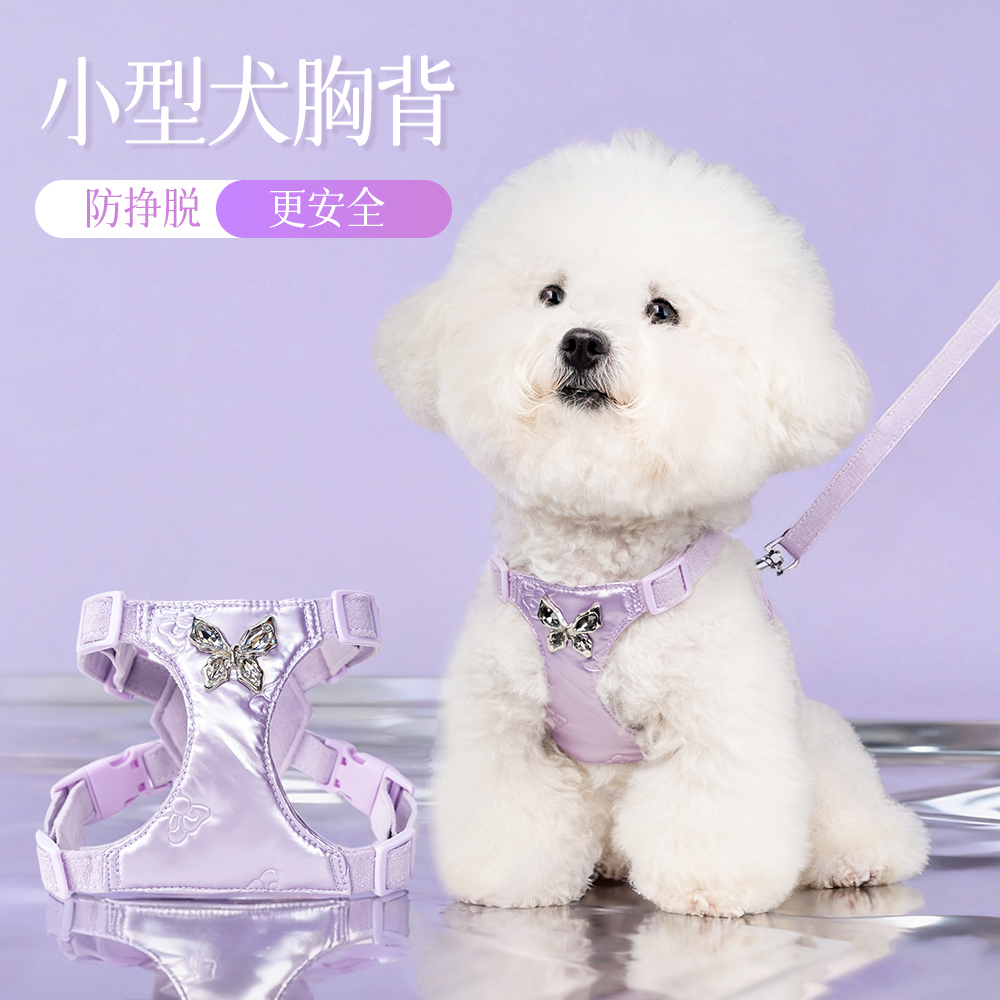 新款小型犬狗狗猫咪牵引绳防挣脱胸背带金属蝴蝶结精致宠物胸背