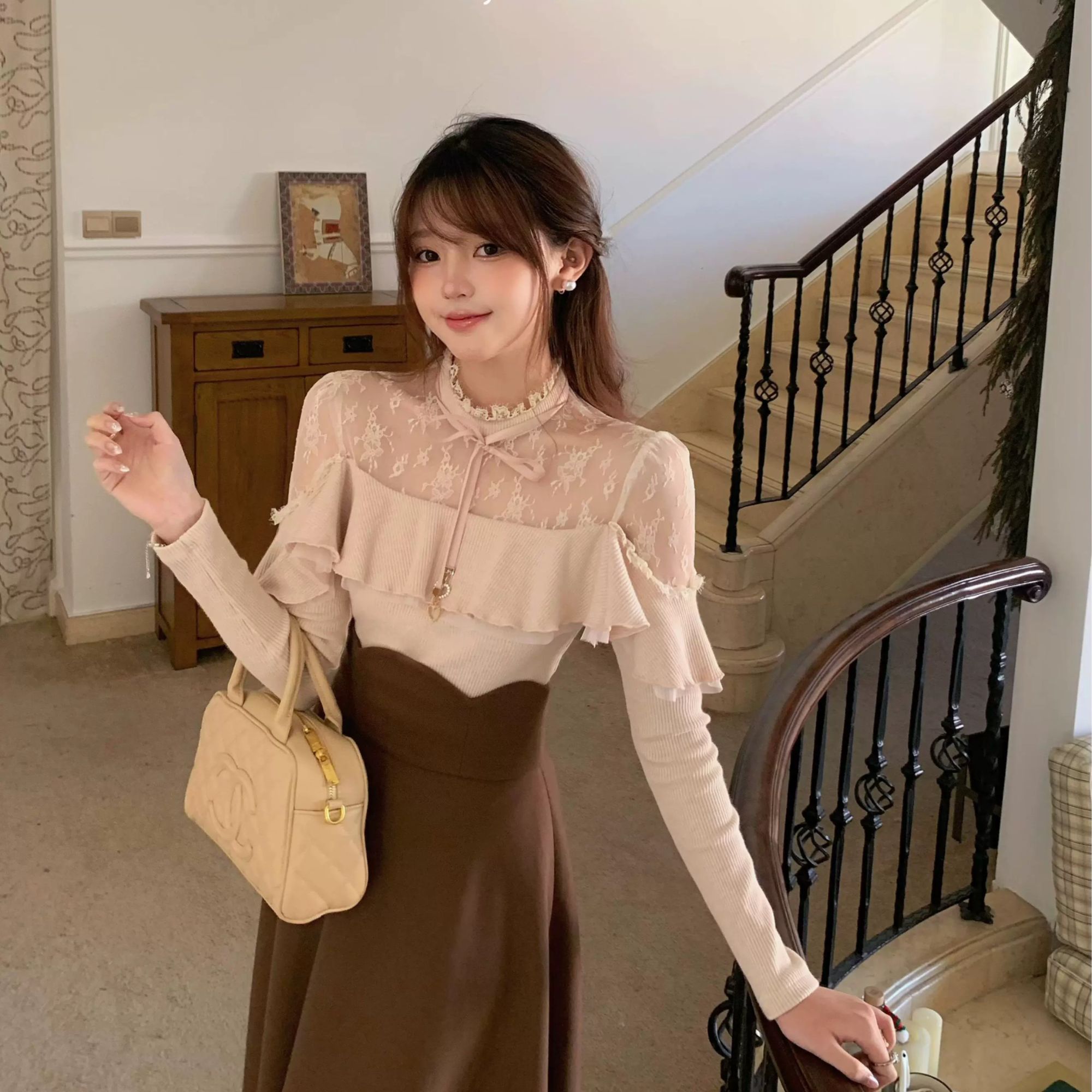 甜水仙 清楚系大小姐 定制古着蕾丝针织上衣水溶花边打底衫套装