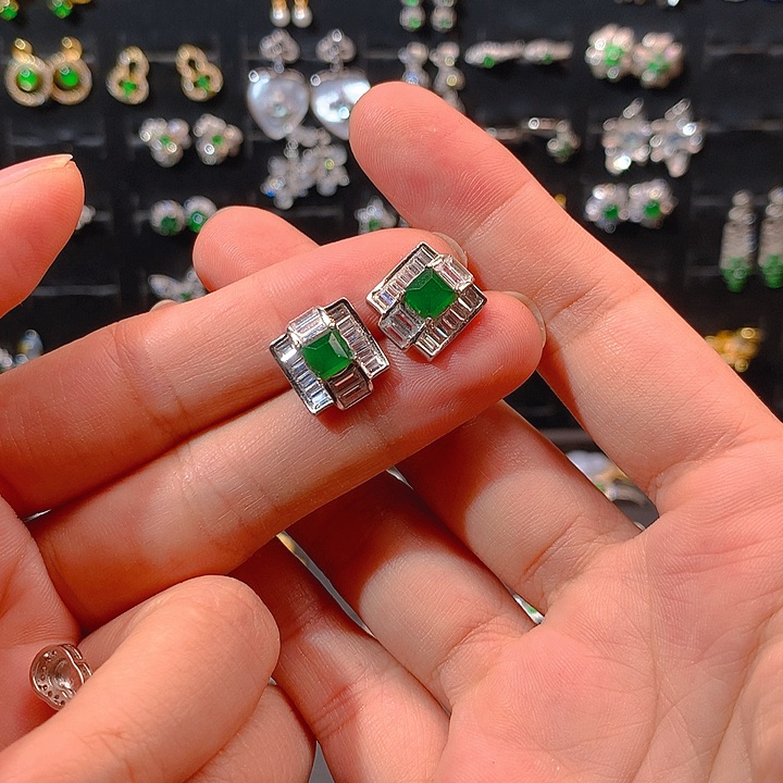 翡翠戒指银S925镀金镶嵌艺*耳钉