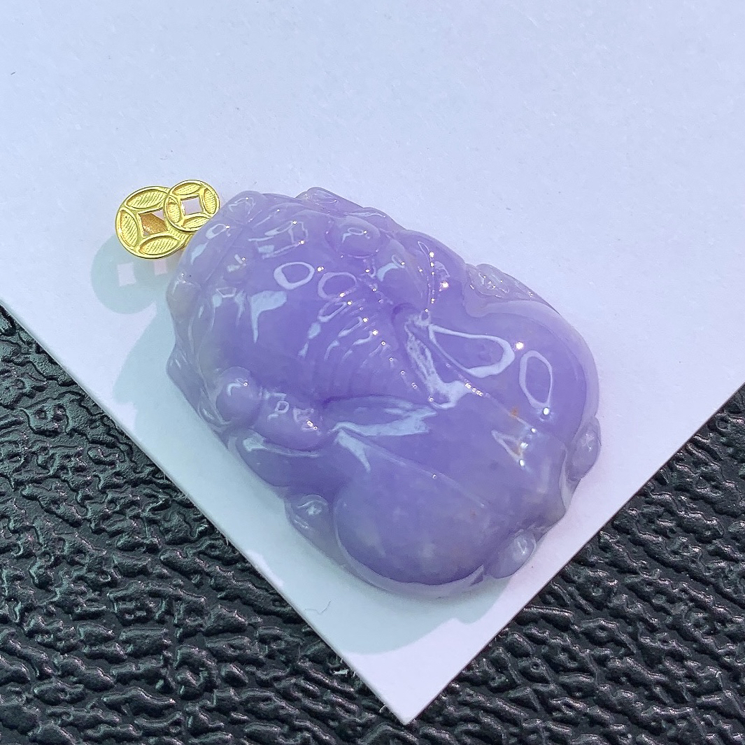 【朵朵翡翠甄选】老坑妖紫罗兰招财貔貅吊坠18k金镶金钱扣28×18×7mm
