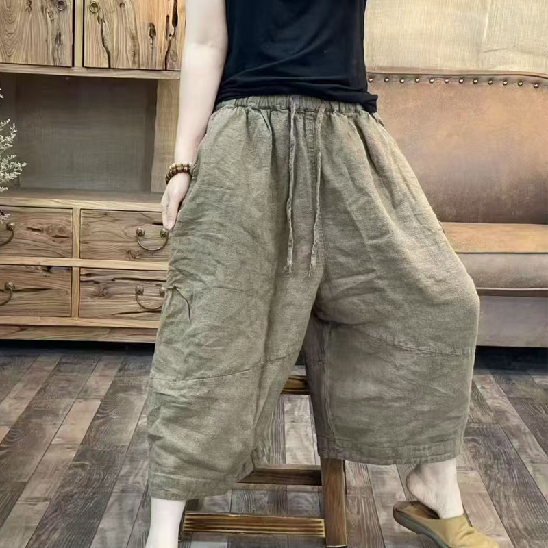 FF6998夏季新品亚麻炒色脏染七分裤百搭文艺女士裤子 臀围146长75