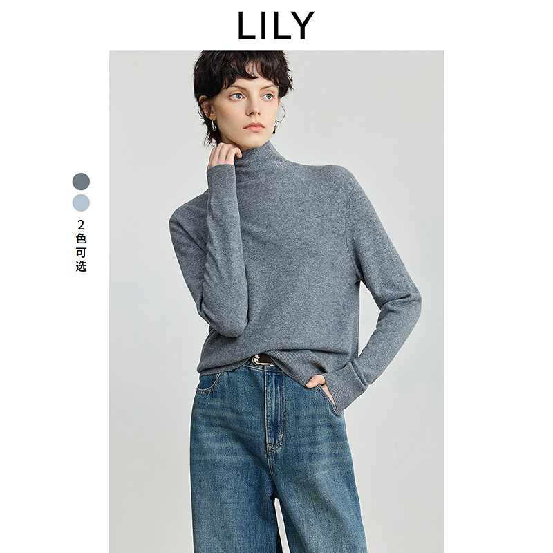 100%羊毛LILY2025冬新款半高领纯色通勤针织衫毛衣女125409TKE05