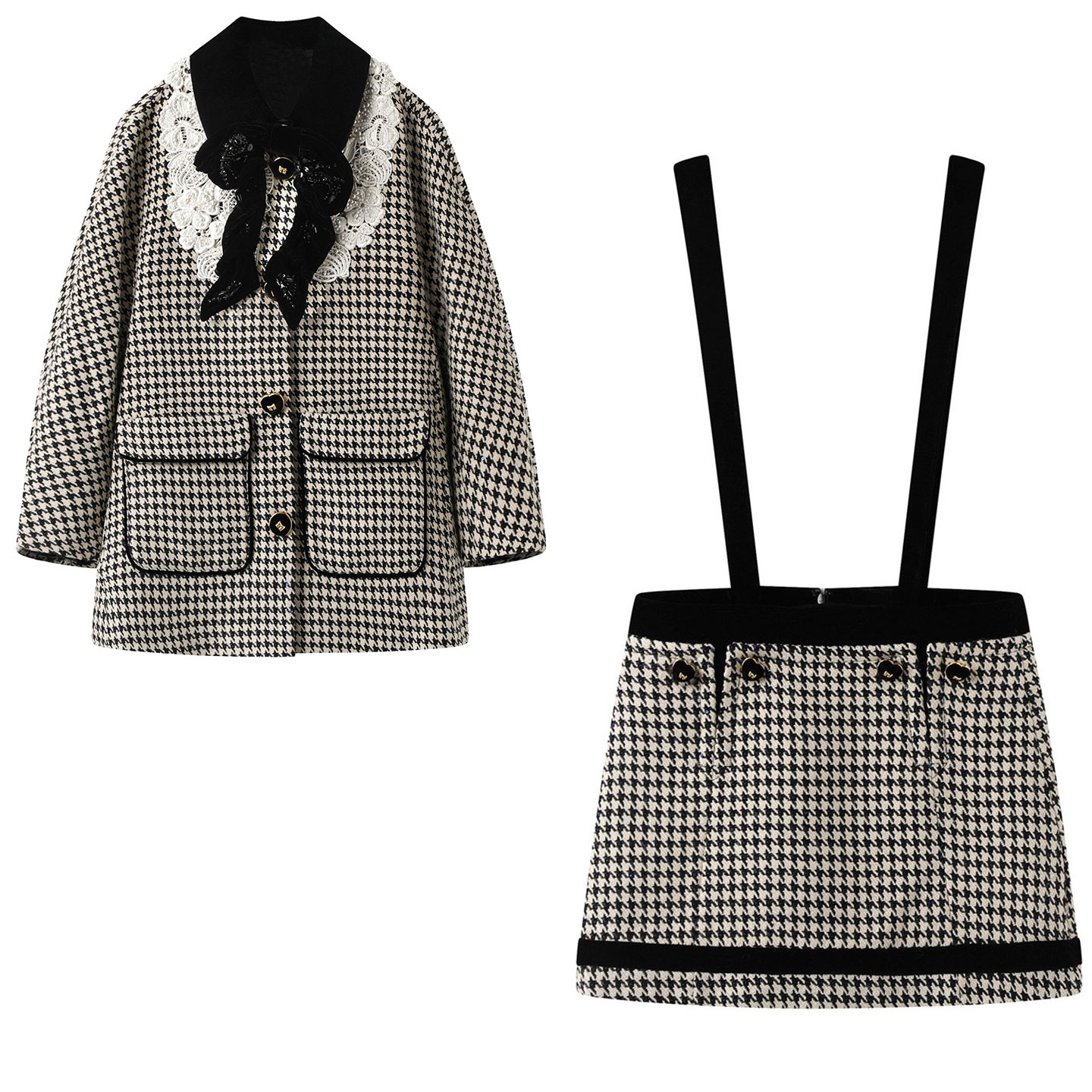 丝绒大蝴蝶结钉珠翻领baby同款千鸟格上衣外套格纹半身裙套装女士