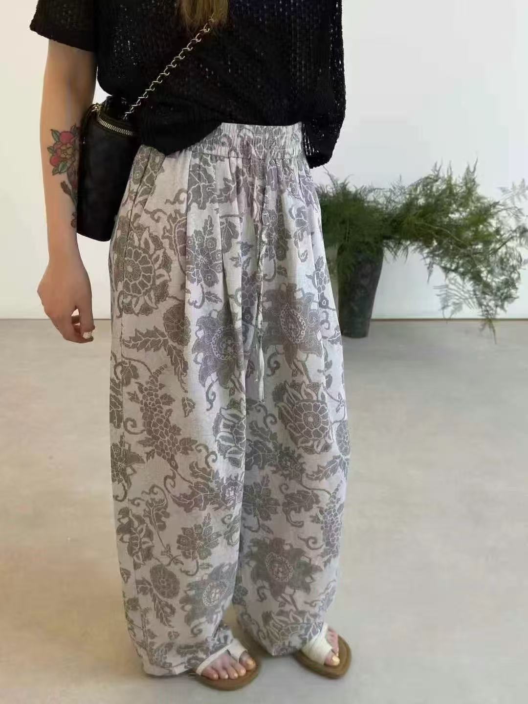 高腰印花阔腿裤女夏季2025新款韩版宽松设计感小众直筒休闲拖地裤