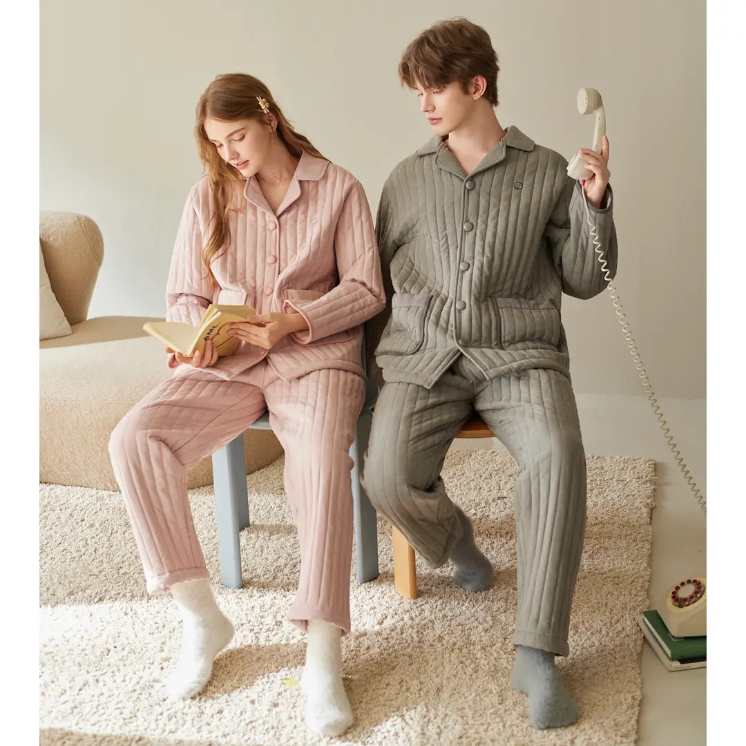 芬腾情侣睡衣男女士冬季珊瑚绒三层加厚夹棉抗静电家居服套装