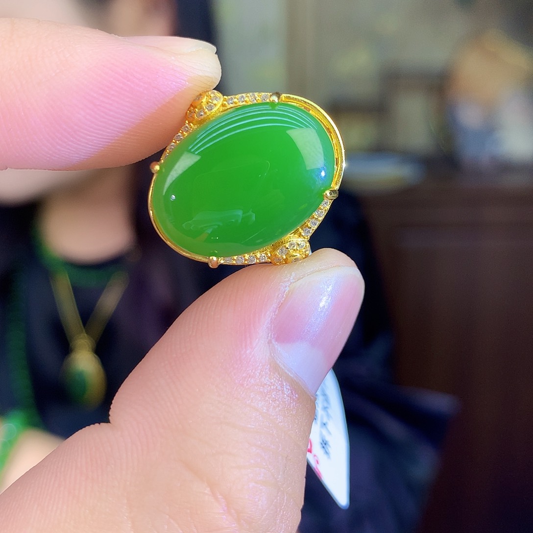 吊坠(不含链)银S925镶嵌和田玉（碧玉）戒指