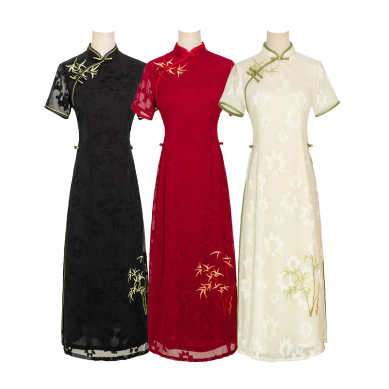 【绿竹】夏季新款短袖刺绣提花不开衩长款奥黛改良旗袍
