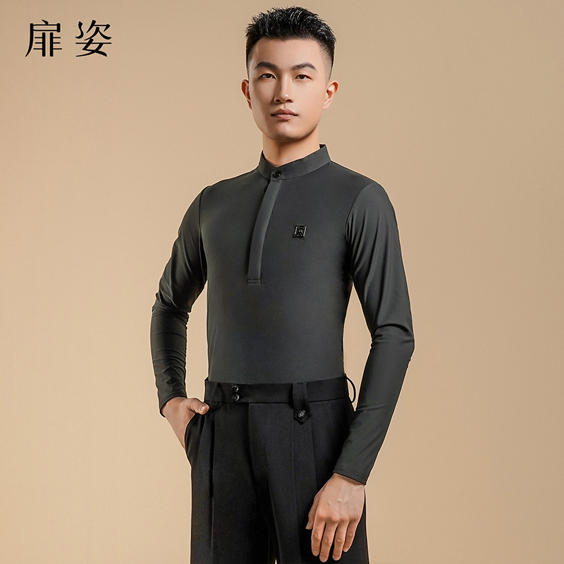 扉姿 男士摩登舞上衣长袖舞蹈练功服拉丁舞服成人跳舞服装F5005