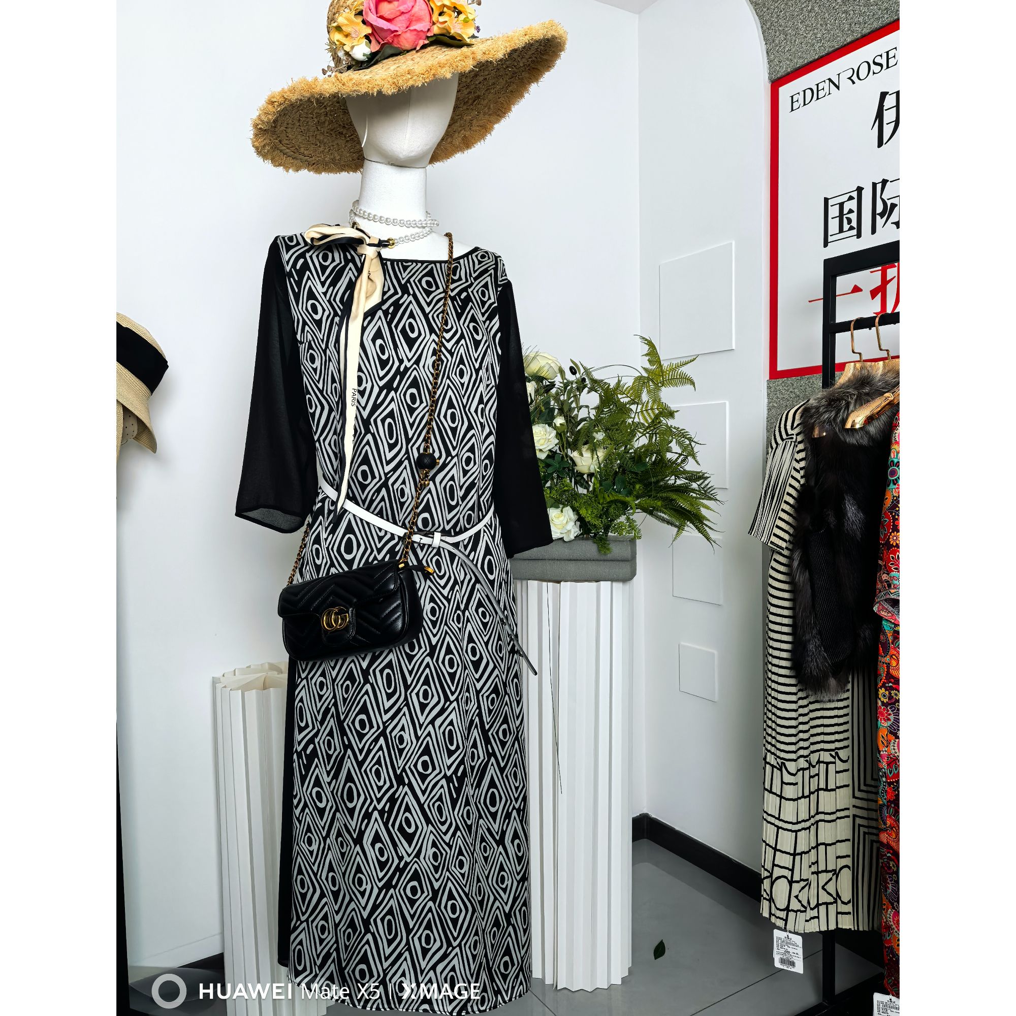 EDENROSE法式短袖花色A字裙套头连衣裙女装显瘦富婆风极简风