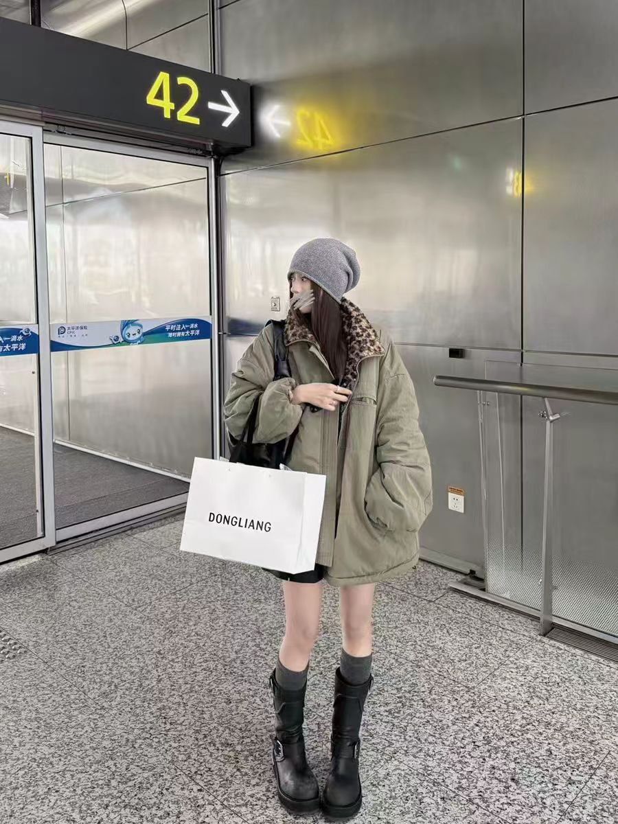 「双面两穿」两面穿豹纹毛绒夹棉外套抽绳宽松百搭显瘦保暖加厚上衣