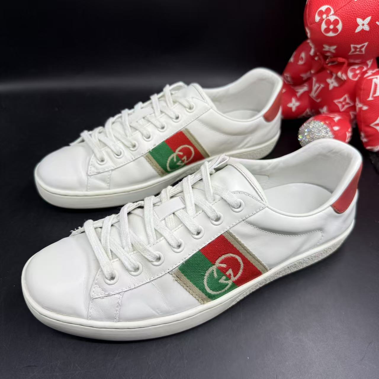 95新 GUCCI/古驰 男士时尚红绿双G织带小白鞋40.5欧码 lz256