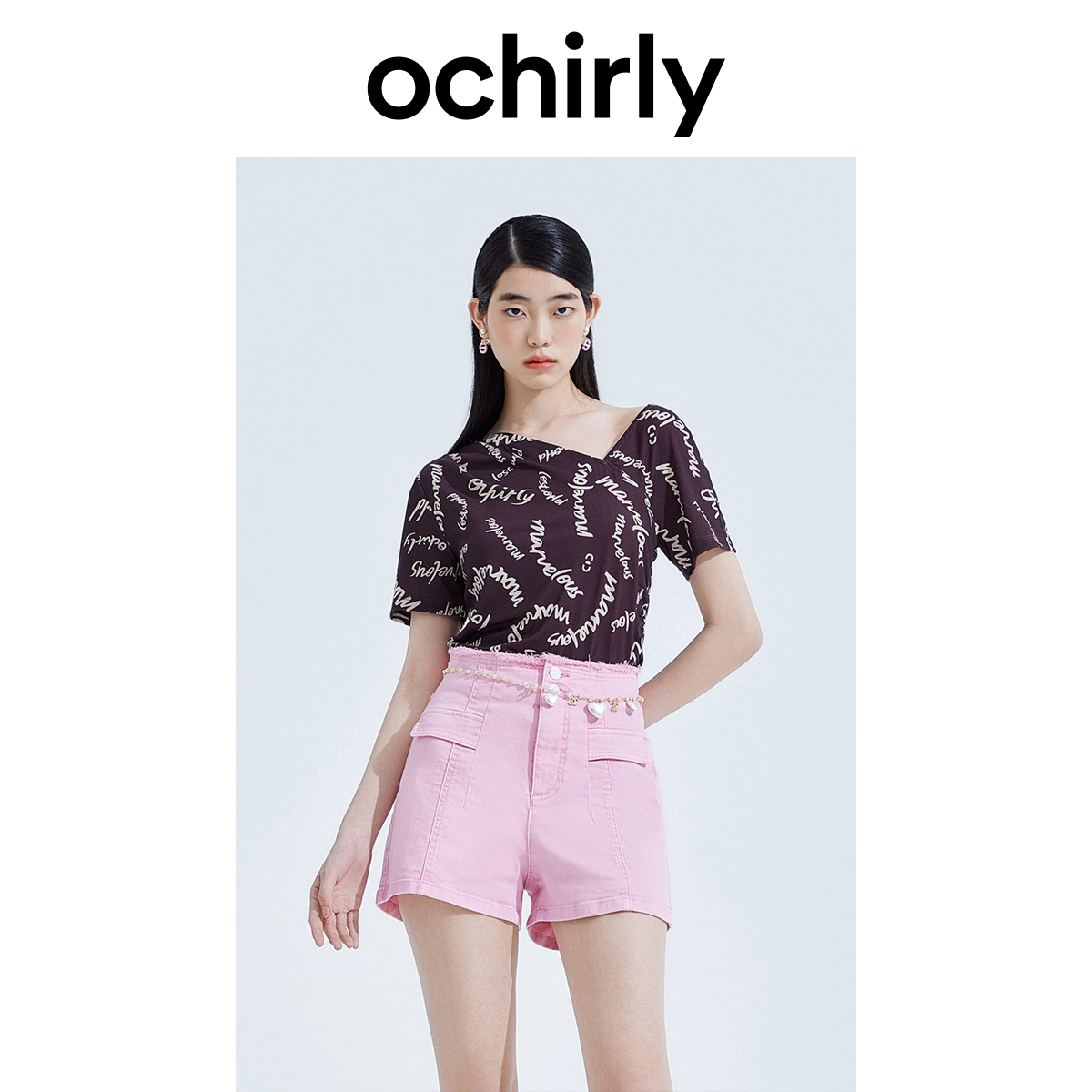 0187[赵老板专属]△度假系列欧时力斜露肩印花短袖t恤设计感小众