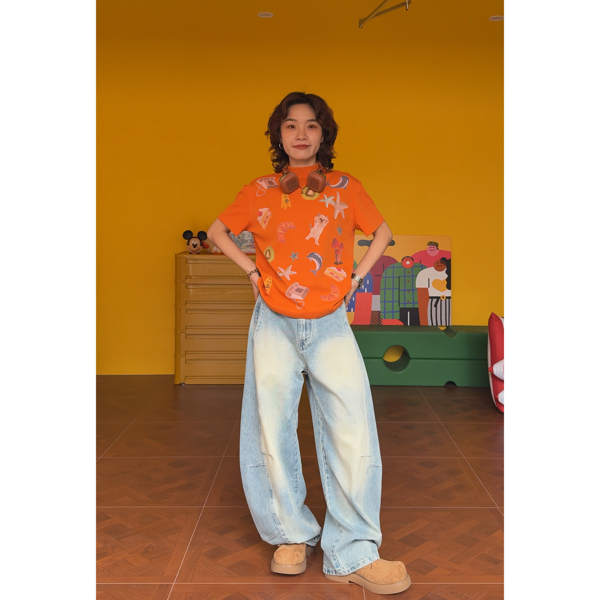 龅牙（长腿报恩裤）美式复古直筒百搭做旧弯刀裤9333