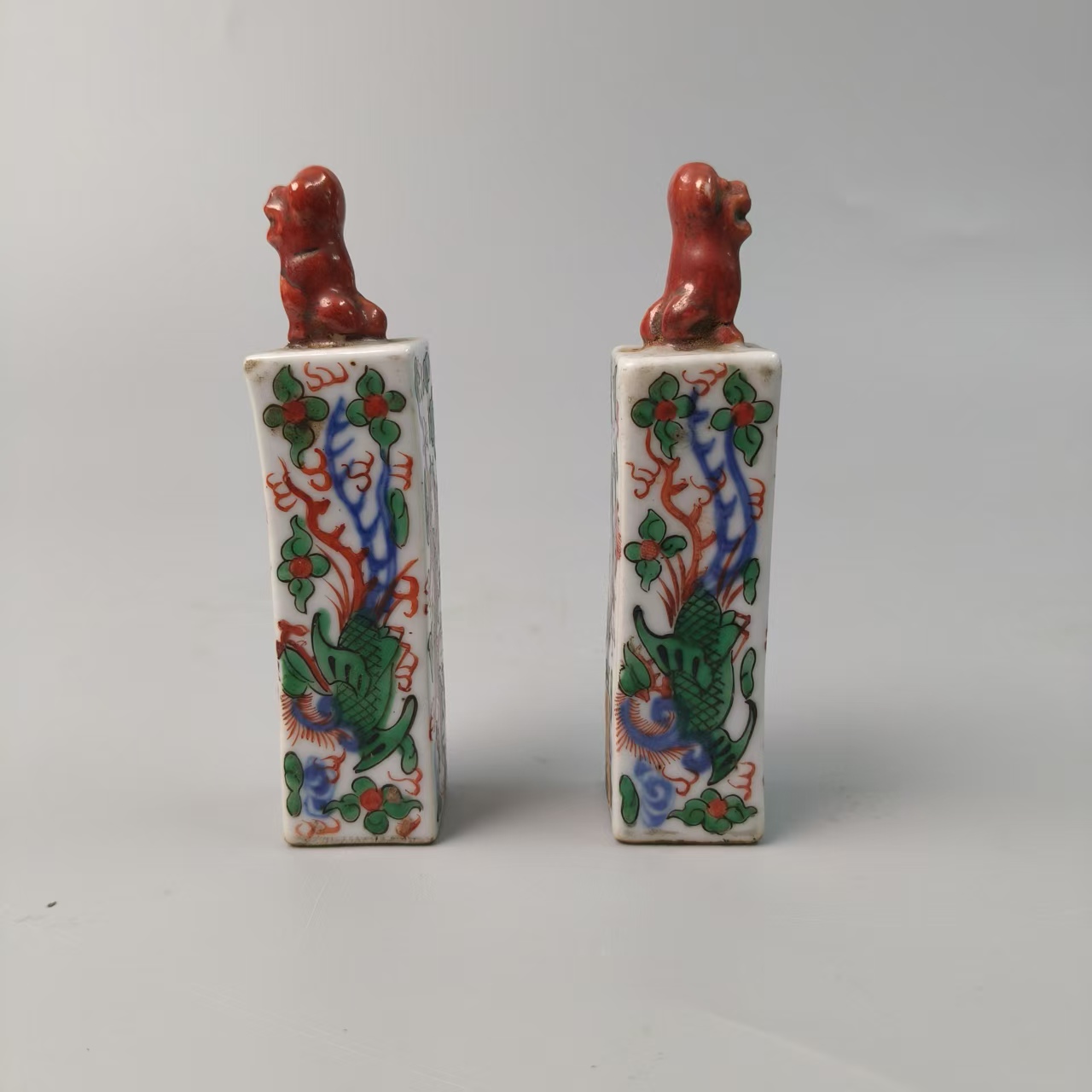 201 清晚期 红绿彩龙凤纹印章一对-517