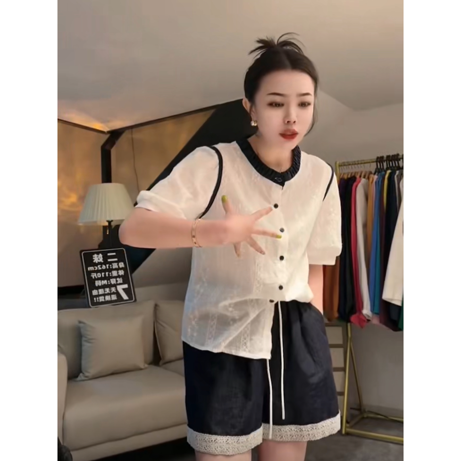 大码微胖mm 2025年夏季时尚撞色蕾丝半袖衬衣短裤套装女宽松百搭
