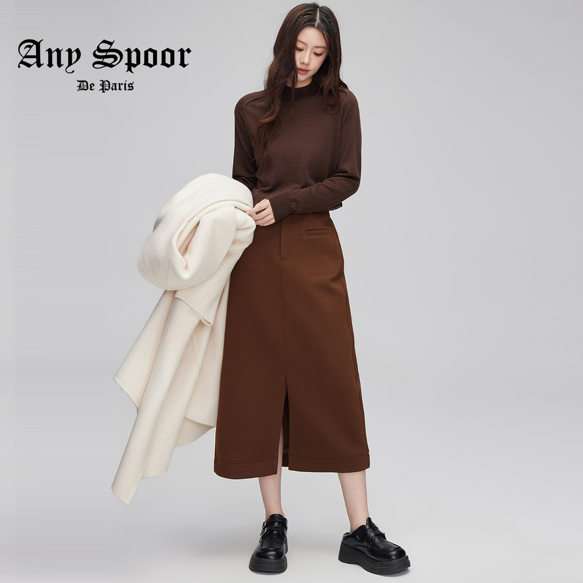 【ANY SPOOR】西装半身裙女设计感a字开叉包臀半裙中长裙24DQ47