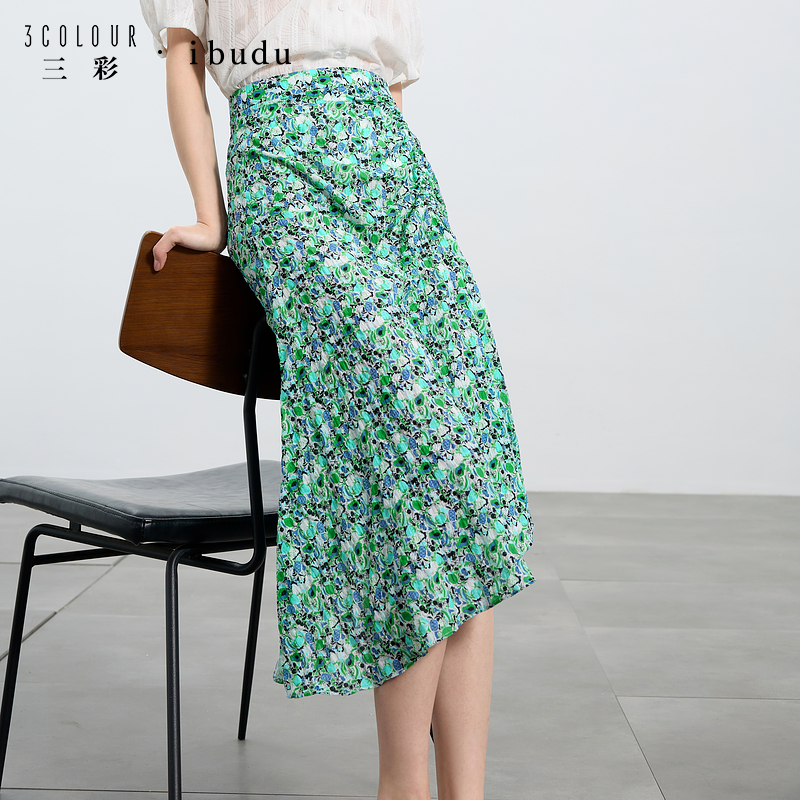 【达人专属】三彩ibudu2025夏季新款高腰中长裙印花半身裙不规dbx
