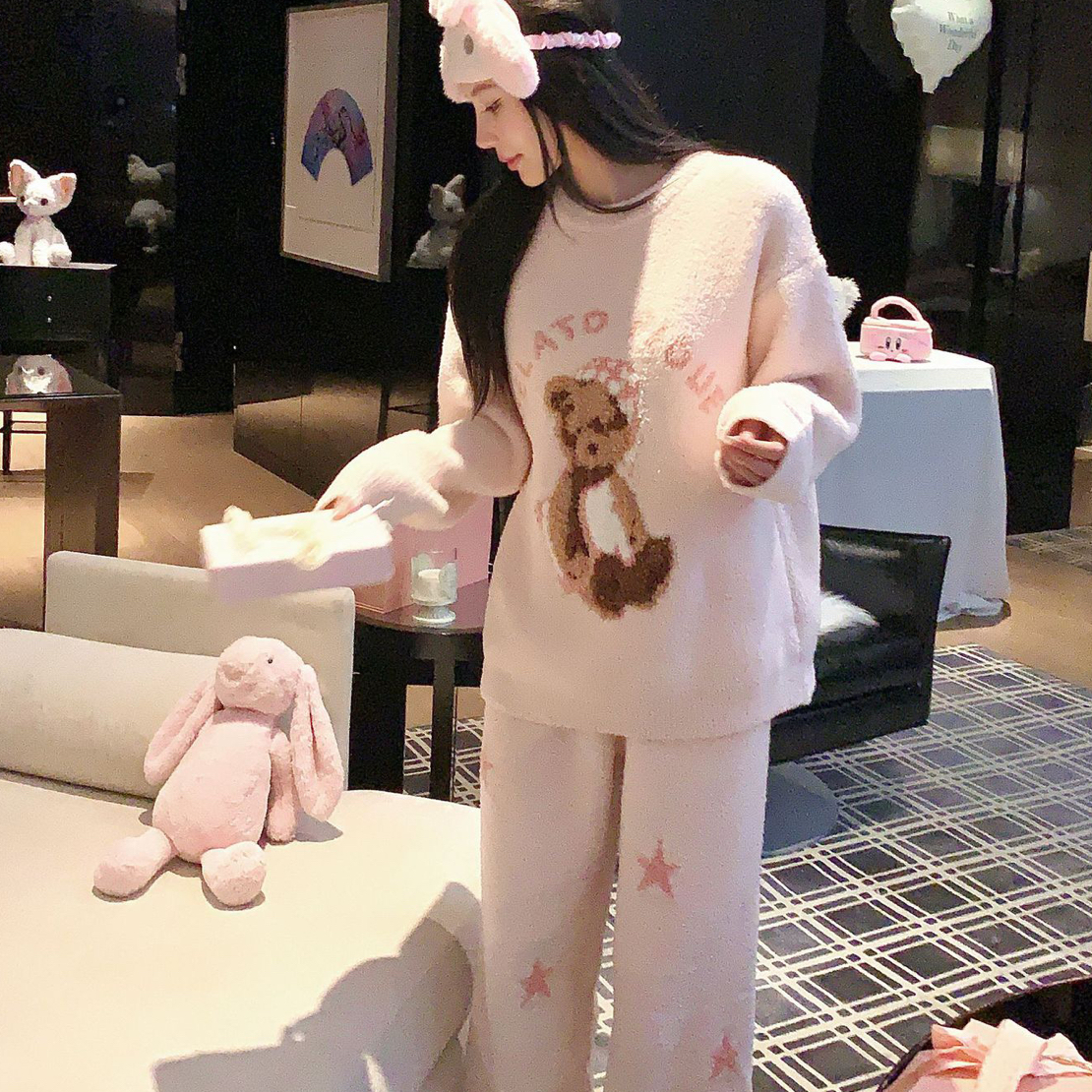 甜美卡通小熊半边绒睡衣女秋冬加厚保暖家居服套装