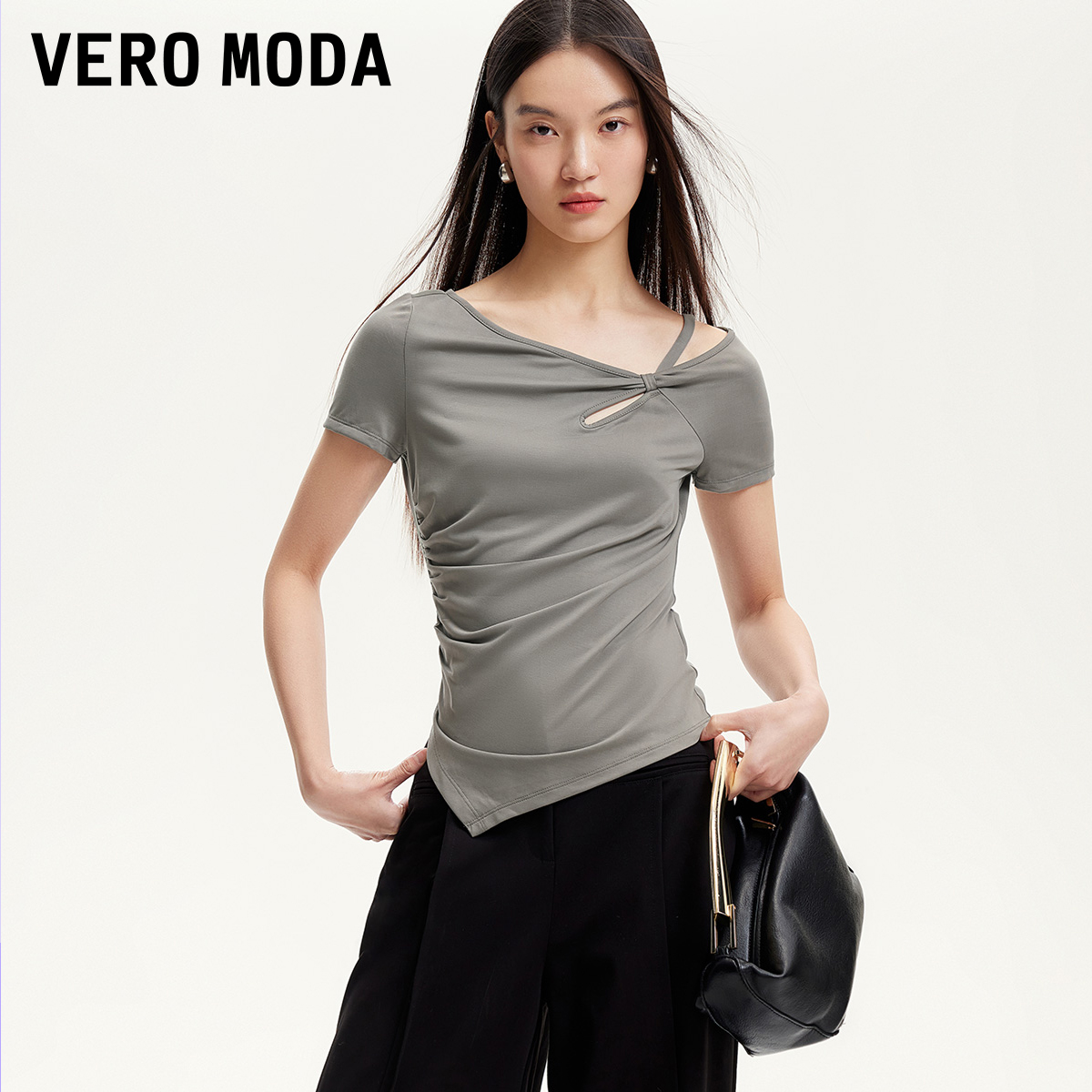 Vero ModaT恤2025春季新款镂空设计抽褶不规则开叉下摆3251T1004