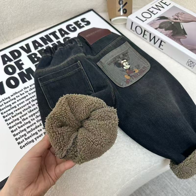 【一条过冬】男童女童冬季一体厚绒裤子中小童保暖加厚宝宝牛仔裤