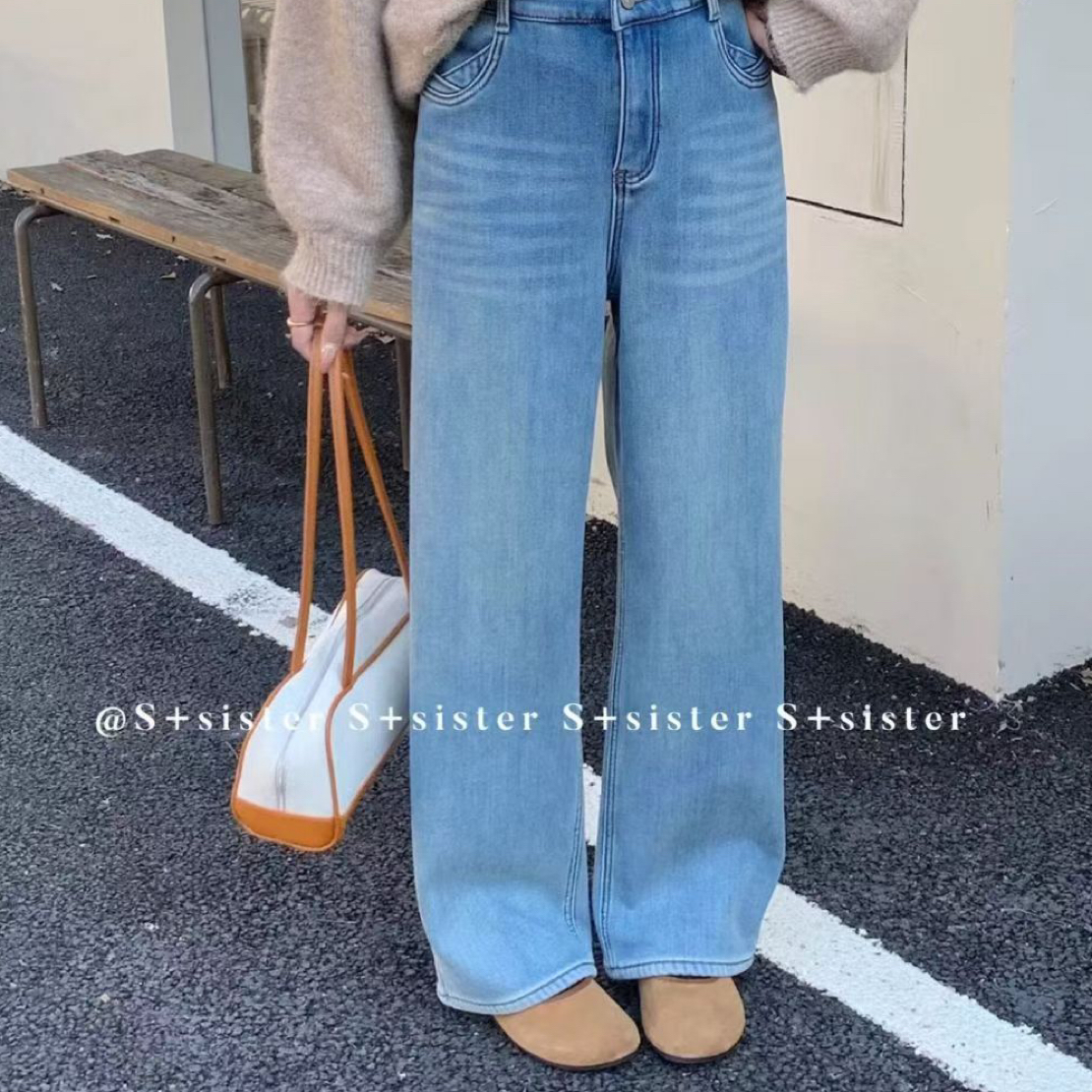 S+sister家W2027#加绒直筒牛仔裤 显瘦百搭窄腿直筒牛仔裤