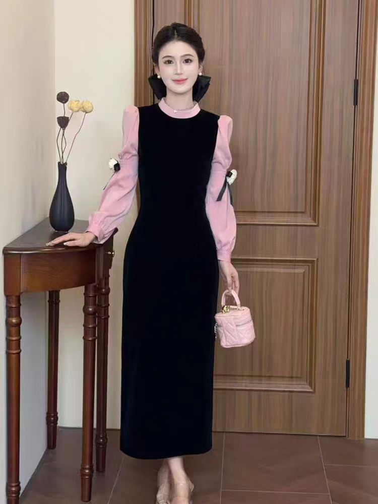 【80-180斤】法式气质千金风长裙2025秋季新款假两件黑色连衣裙6007