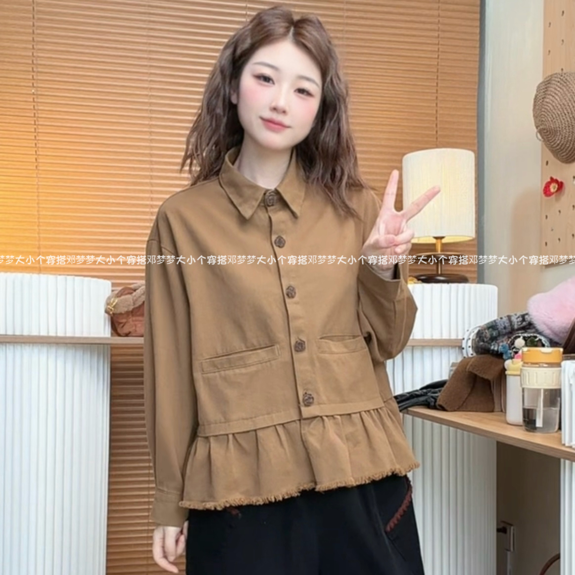 梦梦 “十里花香”原创双口袋设计长袖衬衫女减龄气质捏褶下摆复古