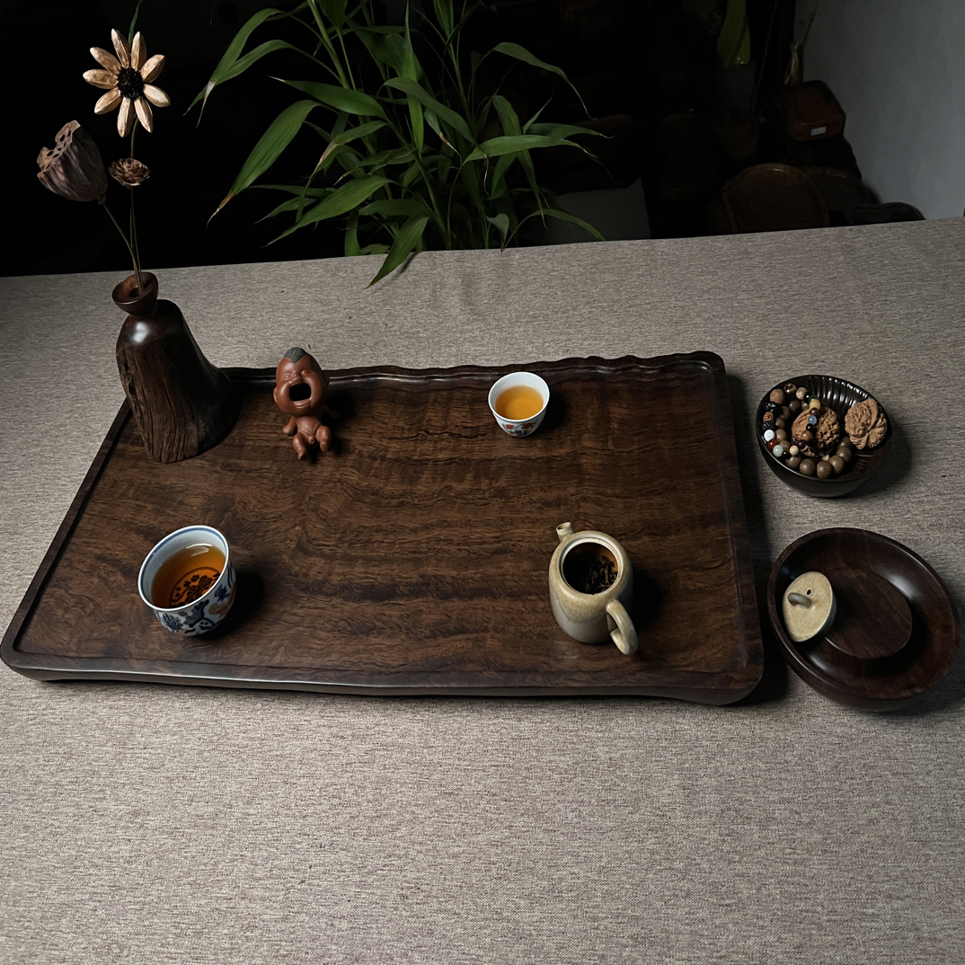 黑檀风车木荧光水波纹老皮壳四足干泡台70×36×4.2