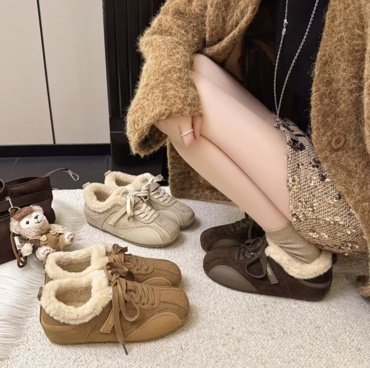 冬季新款加绒毛毛德训鞋