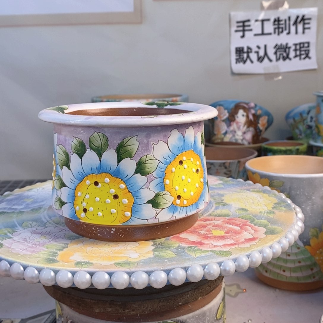 紫砂花盆红陶手绘花盆