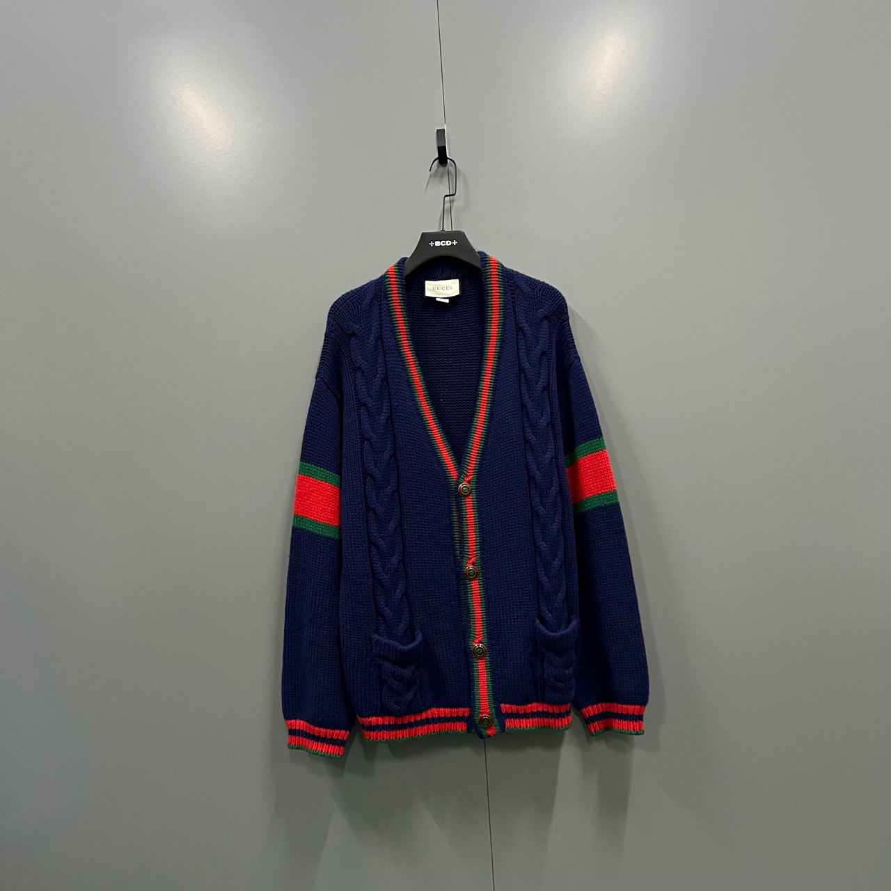 95新 GUCCI/古驰 （bb）204 藏青色红绿条纹开衫 XL码/5999