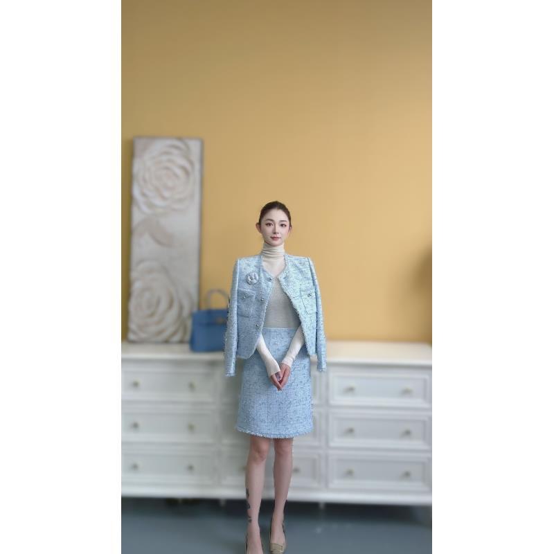 剀剀莉 （蓝海微风）秋季新款蓝色圆领时尚气质小香套装15-25度穿