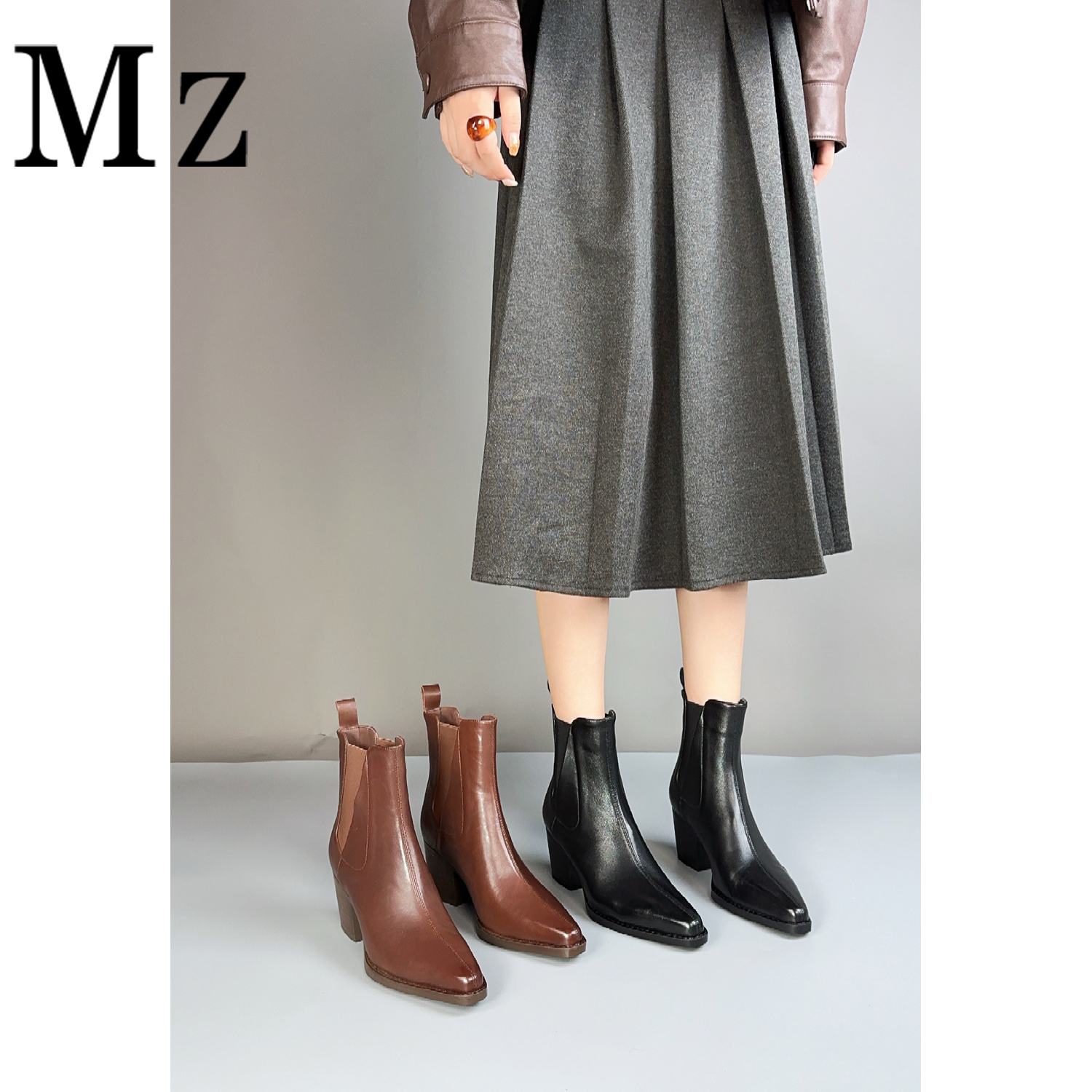  Mr.Zheng/5.5cm/真皮短靴女高跟鞋粗跟尖头裸靴秋冬切尔西靴子