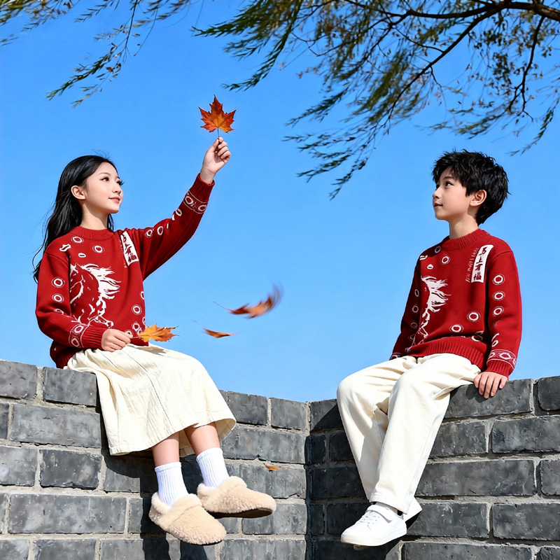 男女童新年装毛衣大童拜年服冬季高初中生加厚保暖马年红色针织衫