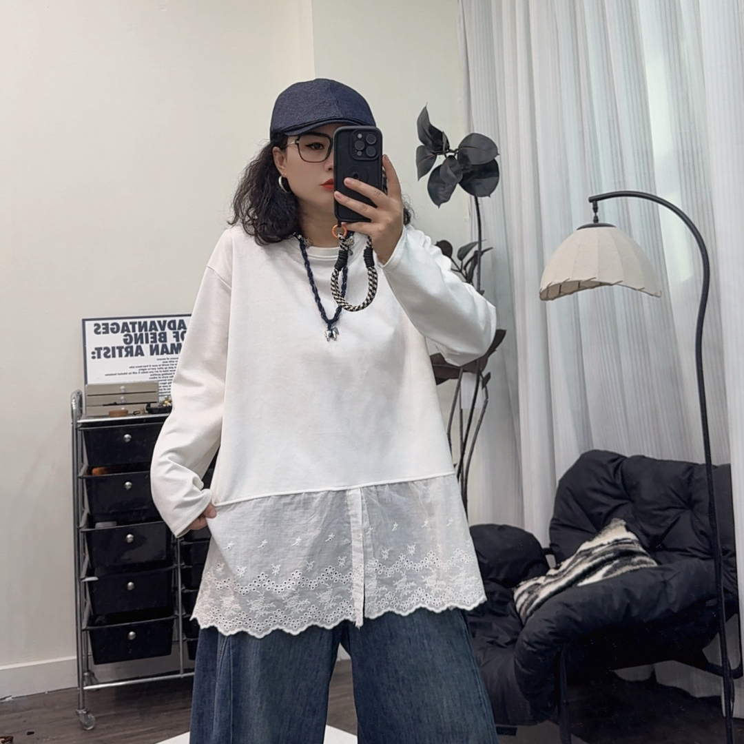 哆唛855566款圆领长袖纯色拼接欧韩时尚潮流休闲百搭T恤多款宽松
