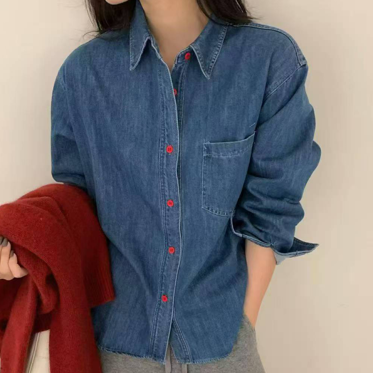 【ENXI】韩版新款纽扣百搭宽松牛仔衬衫5A3232