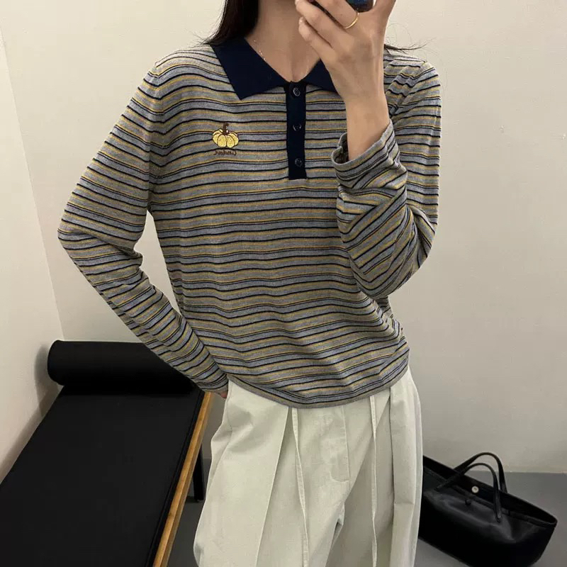 南瓜撞色条纹针织女长袖毛针织衫休闲韩版百搭针织衫