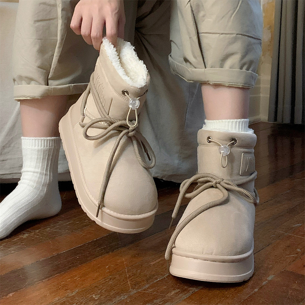 细细条 毛绒保暖时尚马丁靴学生中筒棉靴韩版系带女士外穿雪地靴