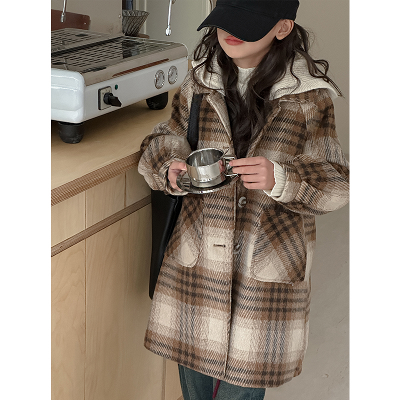 K25587羊毛女大童中长款毛呢外套儿童格子呢大衣2025冬装夹棉加厚