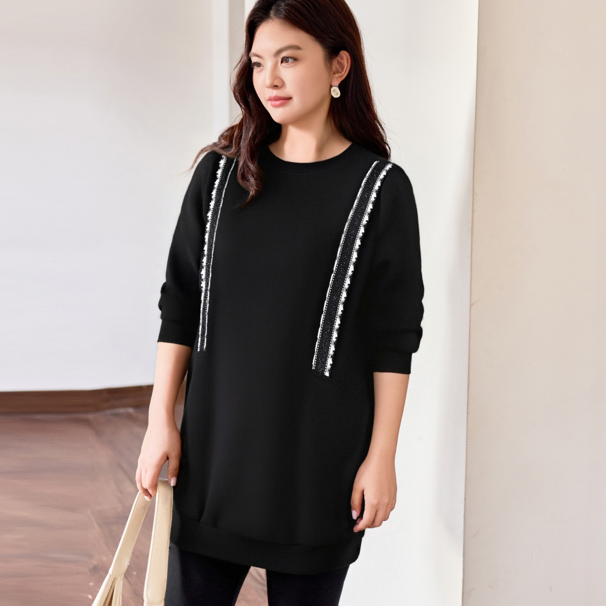 【现货加厚银狐绒烫钻织带宽松卫衣】MsShe大码女装2025冬A2510028