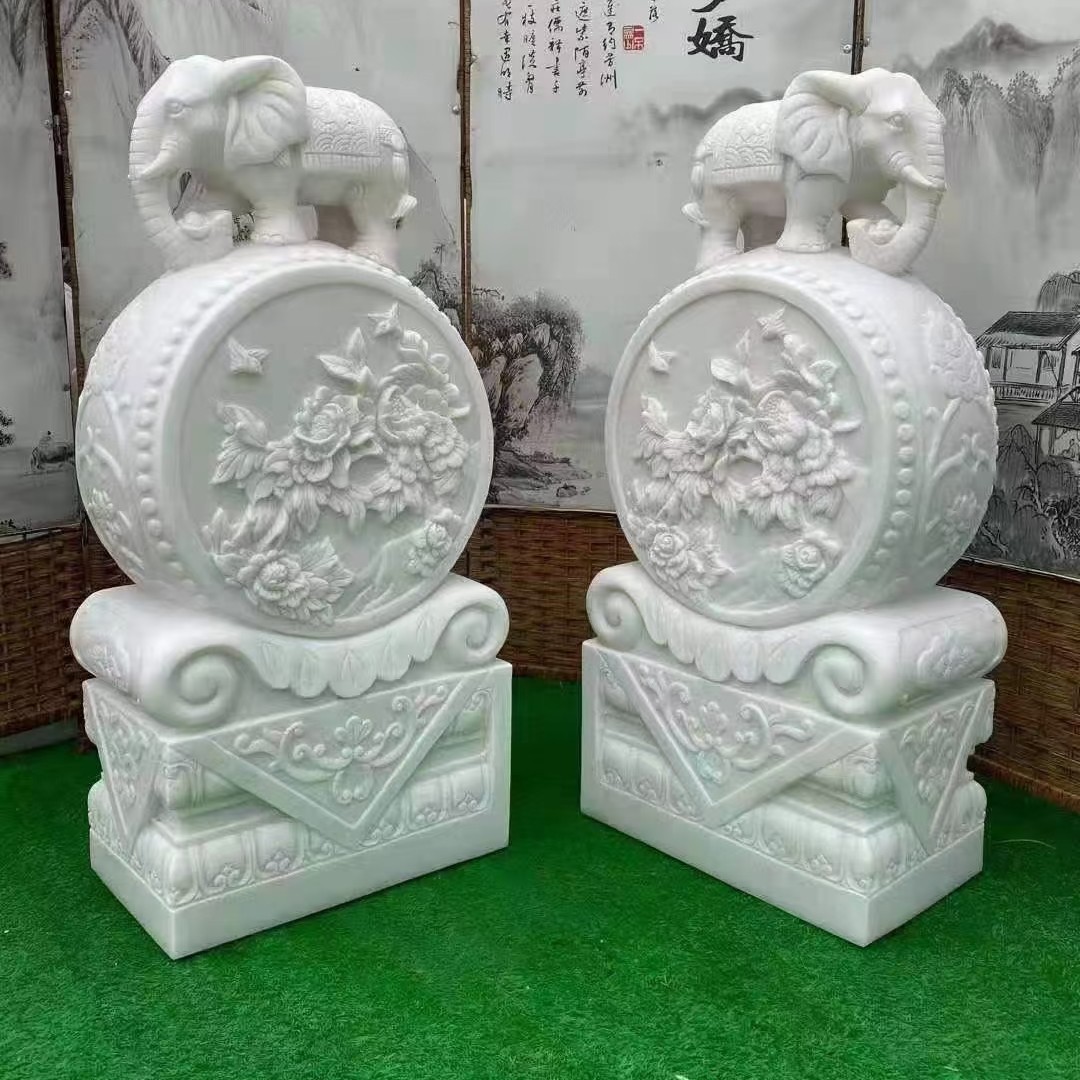 石雕汉白玉门墩抱鼓石一对石鼓大象青石貔貅别墅门口家用招财摆件