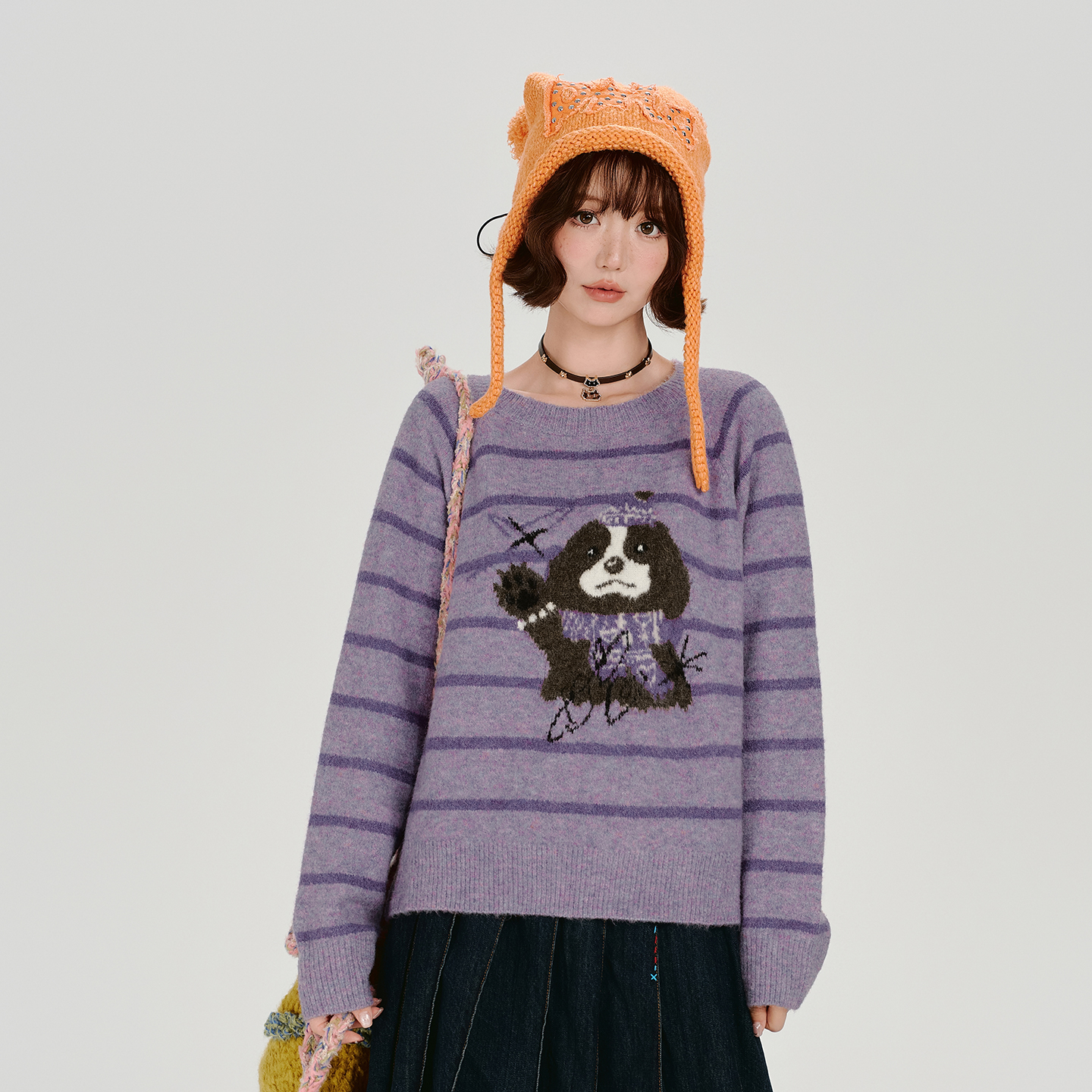 Girlyhalo紫色条纹毛衣