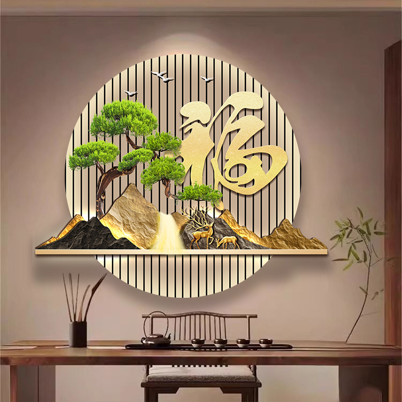 DK013新中式入户玄关装饰画流水生财山水画走廊挂画迎客松壁画